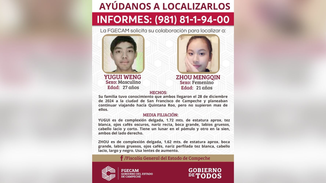 Desaparecen dos turistas chinos en Campeche